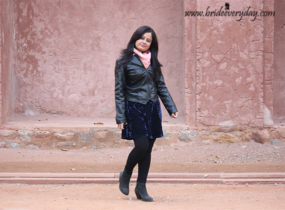 Outfit Of The Day Black Leather Jacket Paired Up With Silk Scarf And Knee Length Dress