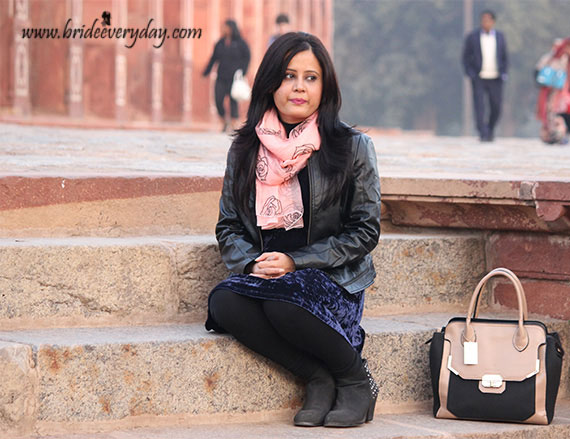 Outfit Of The Day Black Leather Jacket Paired Up With Silk Scarf And Knee Length Dress