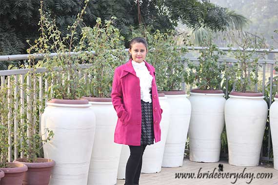 Outfit Of The Day White Frill Top, Chequered Short Shirt With Fuchsia Overcoat