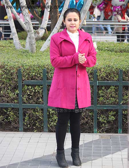 Outfit Of The Day White Frill Top, Chequered Short Shirt With Fuchsia Overcoat